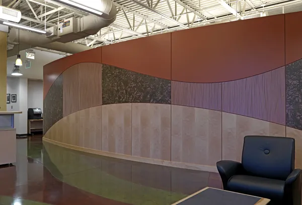 Curved patterned feature wall at USGS.