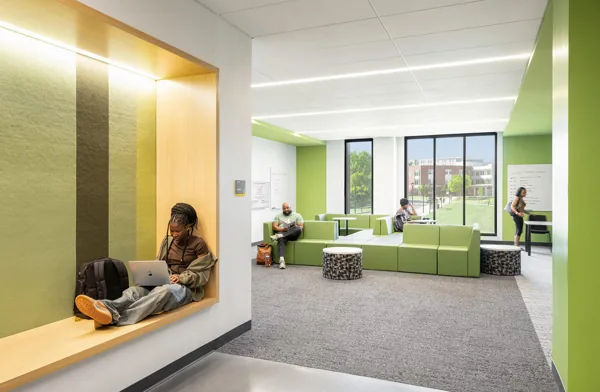 Wood-lined bench alcove at Bowie State – MLK Jr. Center.