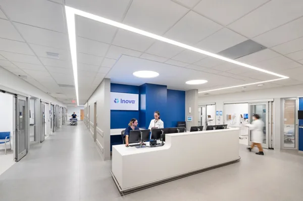 Clinical station with solid-surface counter at Inova Health Center – Oakville.
