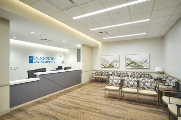 Reception desk and waiting area at Westminster Endoscopy.