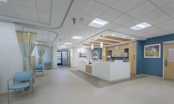 Nursing station and woodgrain cabinetry at Johns Hopkins Imaging at Wilde Lake.